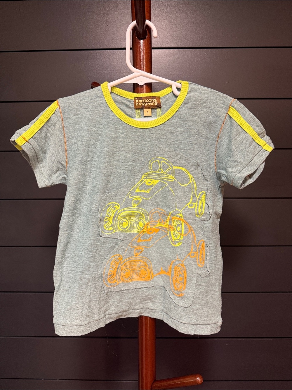 Kids Gray Tee with Neon Yellow Trim and Car Graphics